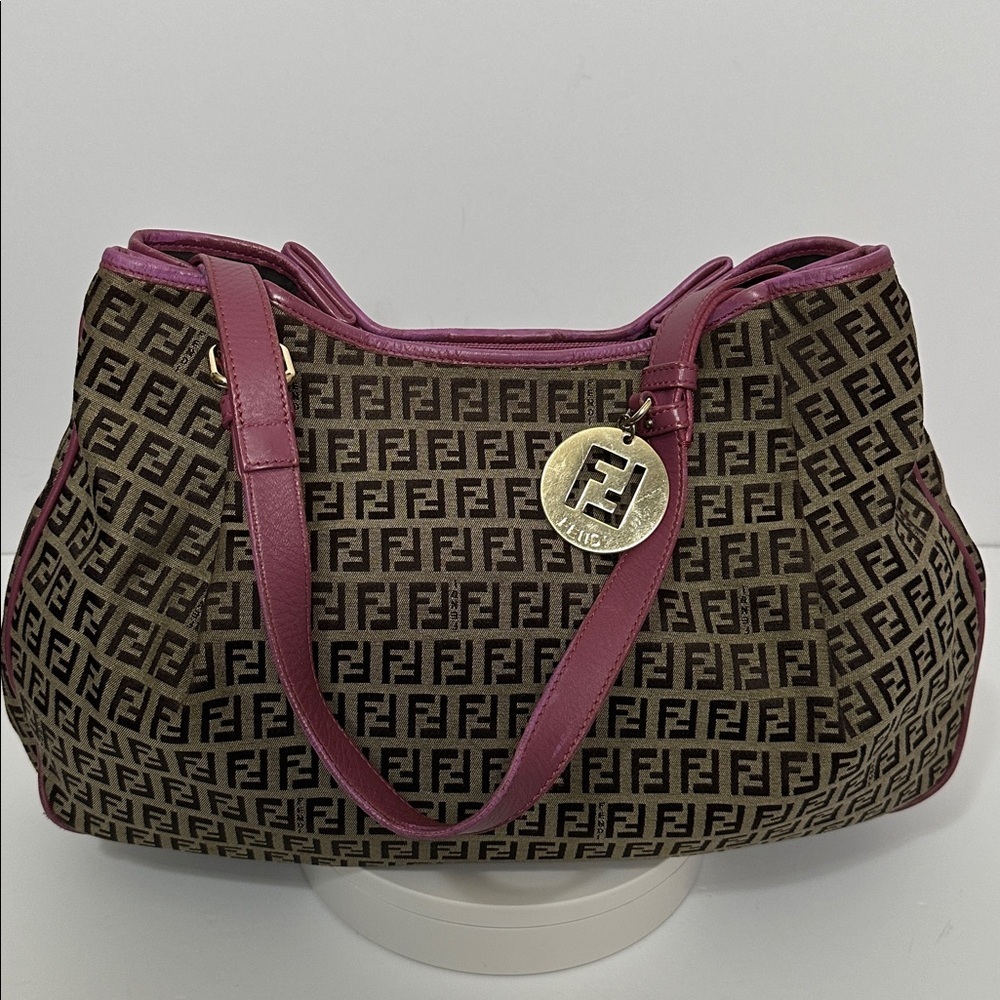 💯Authentic Fendi Zucchino Canvas and Leather Charm Shoulder Bag🍀 - Picture 10 of 17